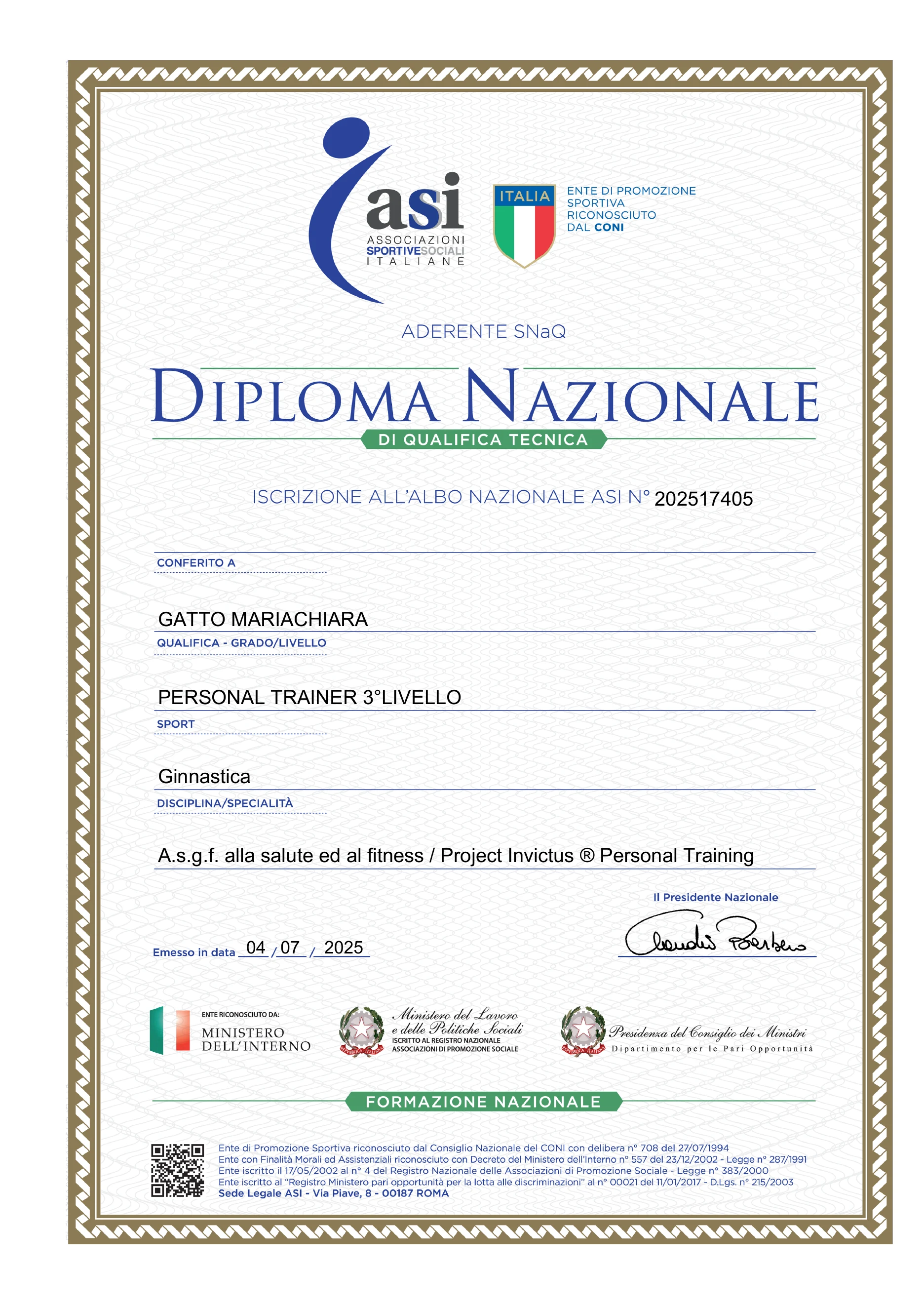 Diploma nazionale ASI - Personal Trainer 3° livello di Mariachiara Gatto